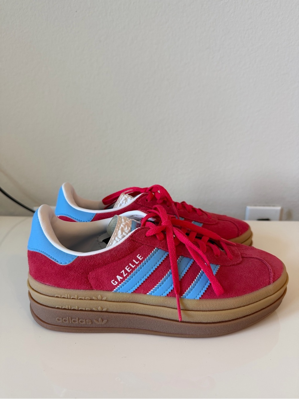 adidas Gazelle Women's Red Suede Sneakers with Light Blue Stripes - Picture 2 of 4